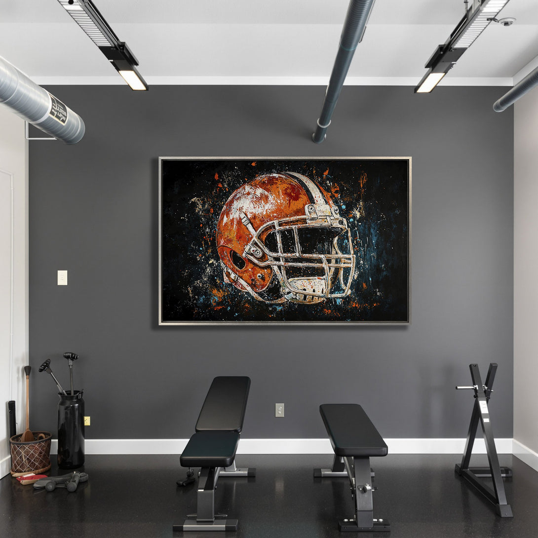 Framed Wall Art: Abstract football helmet art in a modern gym. Orange, black, and teal color palette. Perfect sports decor for your home.