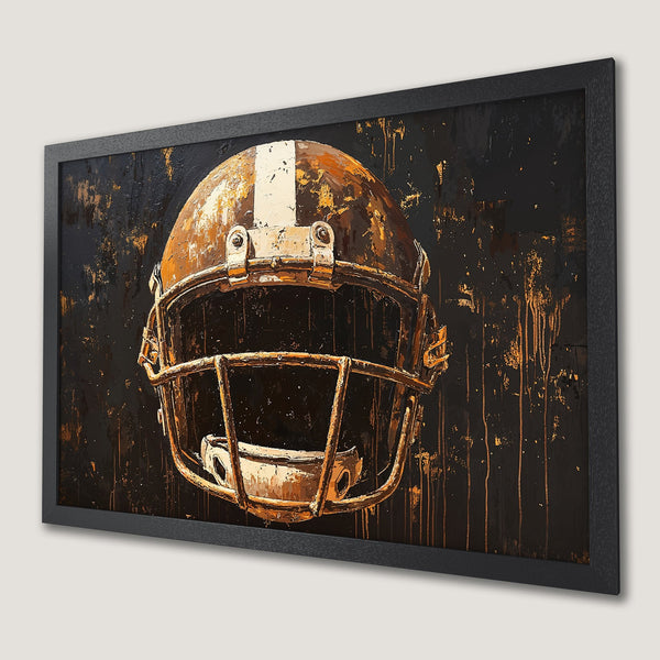 Framed Poster of football helmet art, abstract style, with a black and gold color palette.