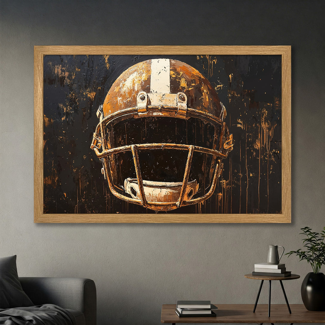 Framed Poster of a football helmet in a bold, textured style with a black and gold color palette. Perfect wall art for sports fans!