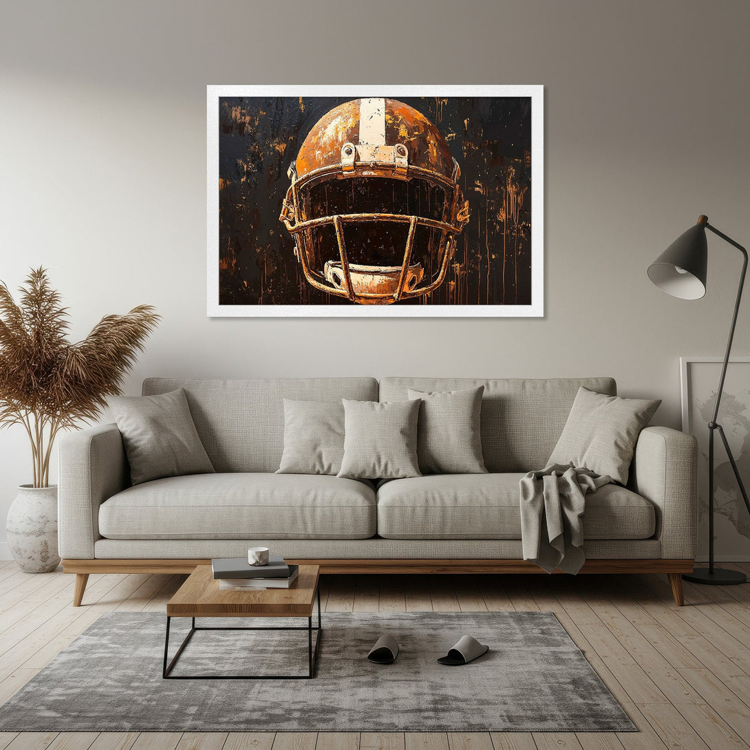 Framed Poster featuring a football helmet in abstract style. Earthy tones of brown and gold. Perfect wall art for sports fans.