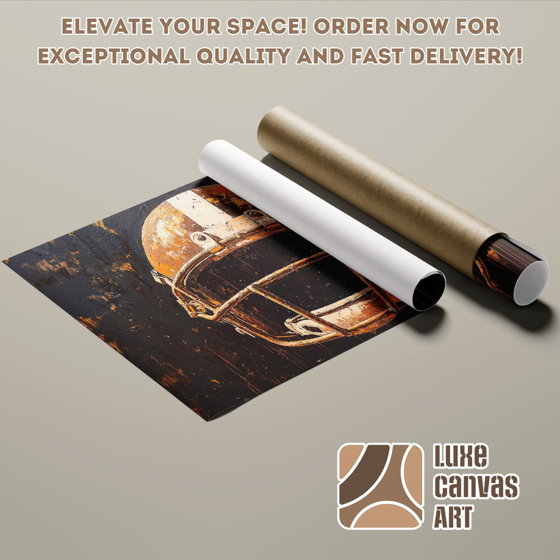 Football helmet art poster roll, dark, warm color palette. Elevate your space!