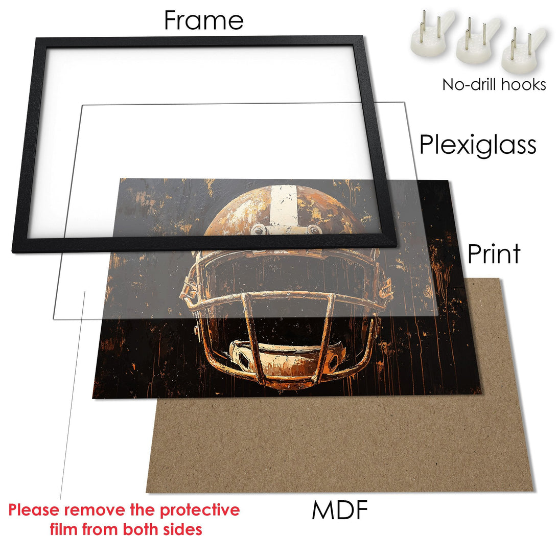 Framed Poster of a vintage football helmet. Rustic style with a black, brown, and white color palette. Perfect for sports fans!