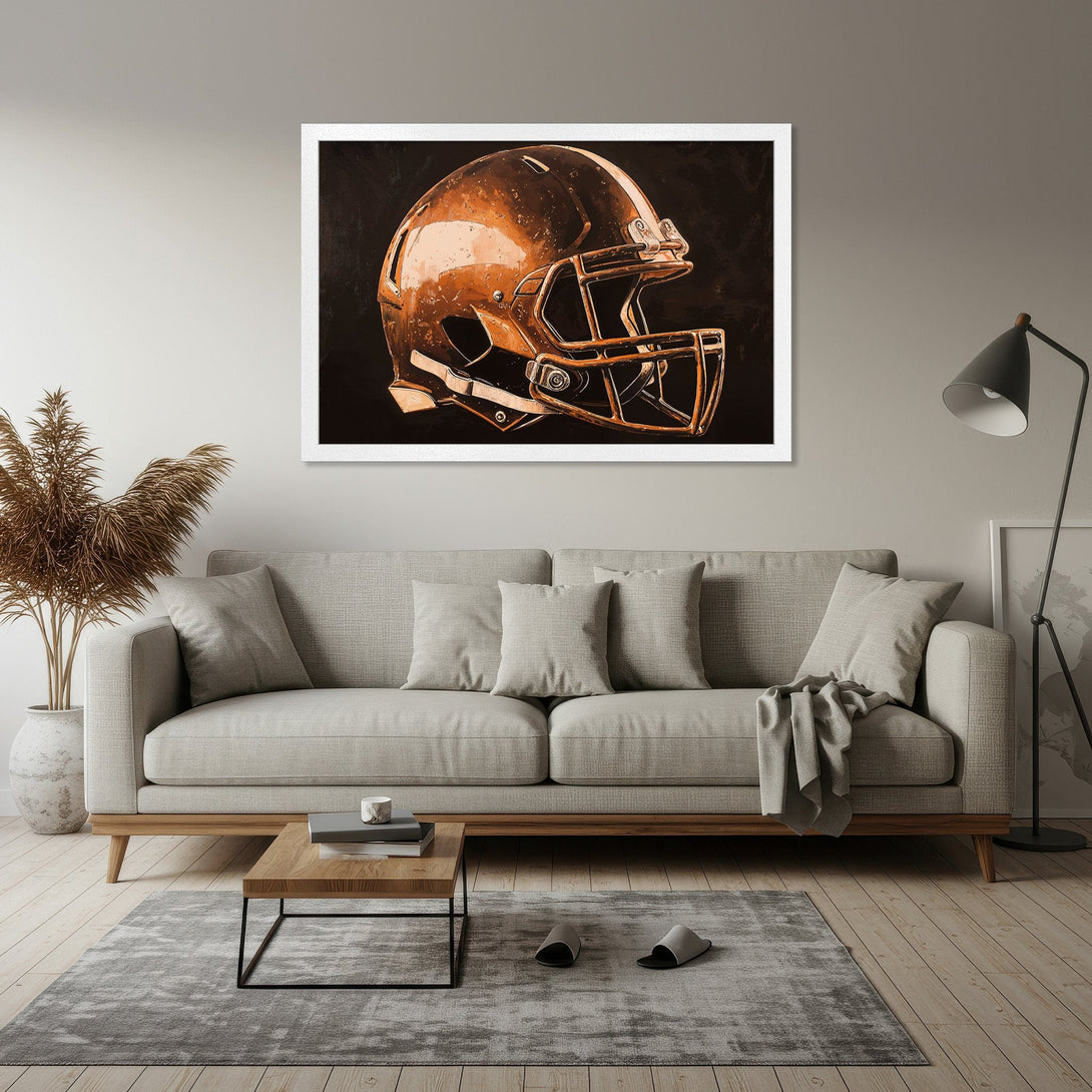Framed Poster of a football helmet in copper tones. Modern art style with a warm, neutral color palette. Perfect for home decor.