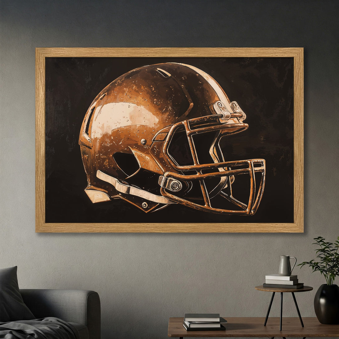 Framed Poster featuring a vintage football helmet illustration in warm brown tones. Perfect wall art for sports fans!