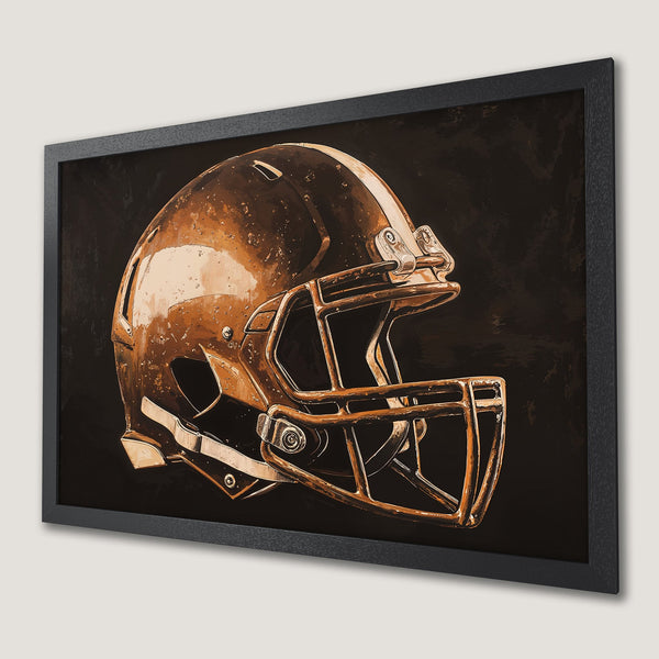 Framed Poster of a football helmet in a stylish, artistic design with a warm, bronze and black color palette. Perfect for sports fans!