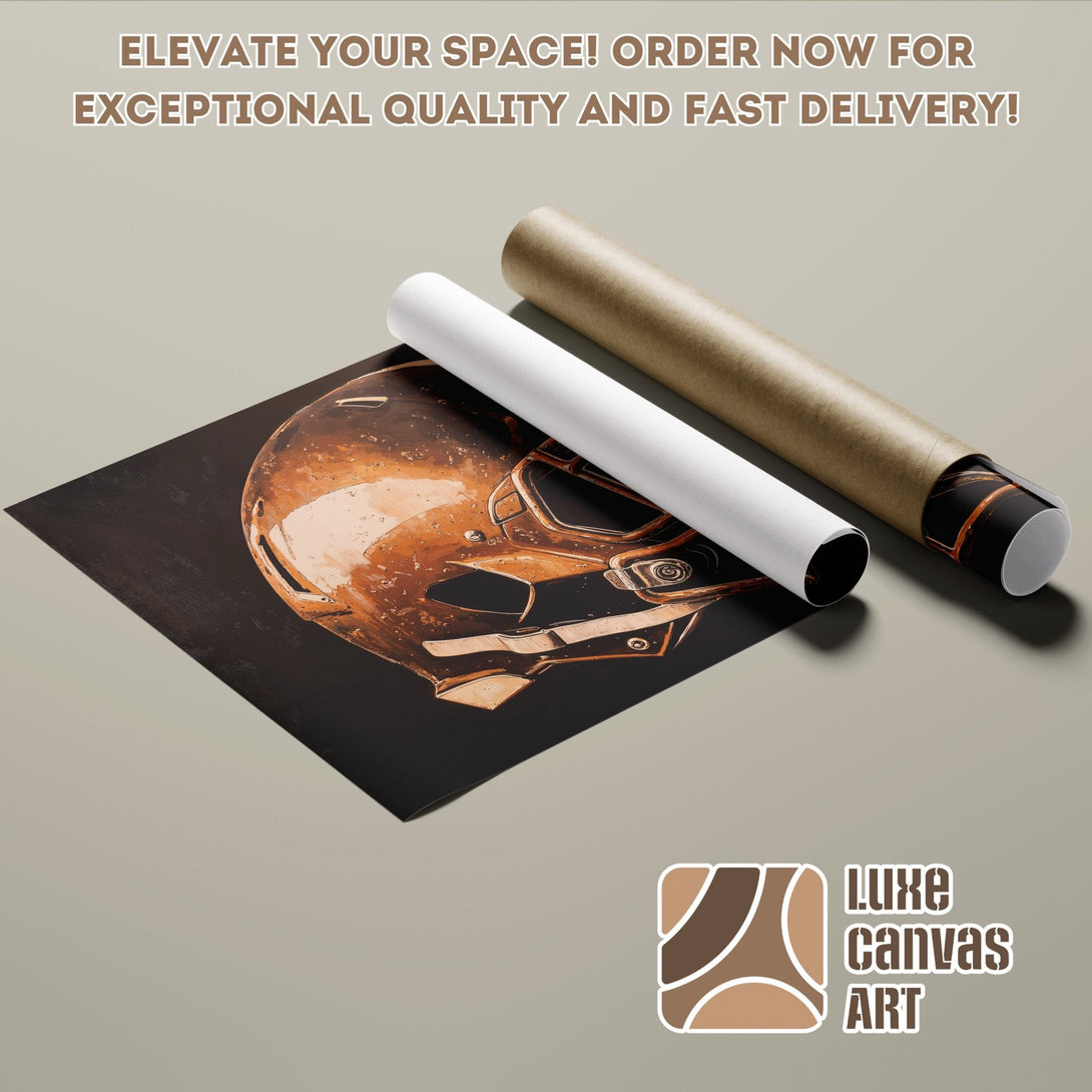 Football helmet art Poster Roll in warm brown tones, perfect for home decor. Order now!