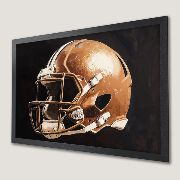 Framed Poster of a football helmet in a painterly style with a brown and black color palette. Perfect wall art for sports fans.