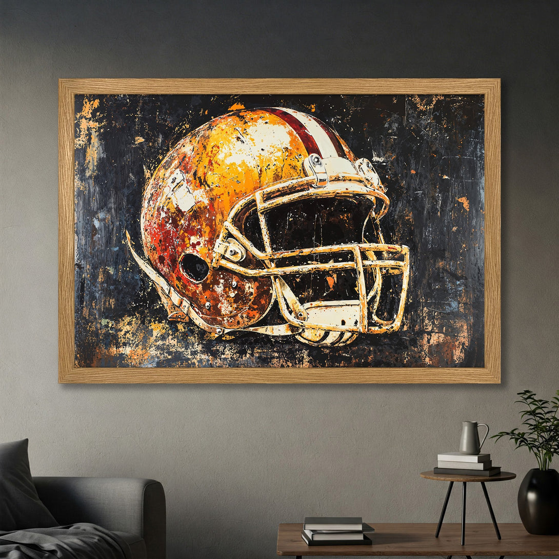 Framed Poster of a vintage football helmet. Grunge style with a black, orange, and white color palette. Perfect wall art for sports fans.