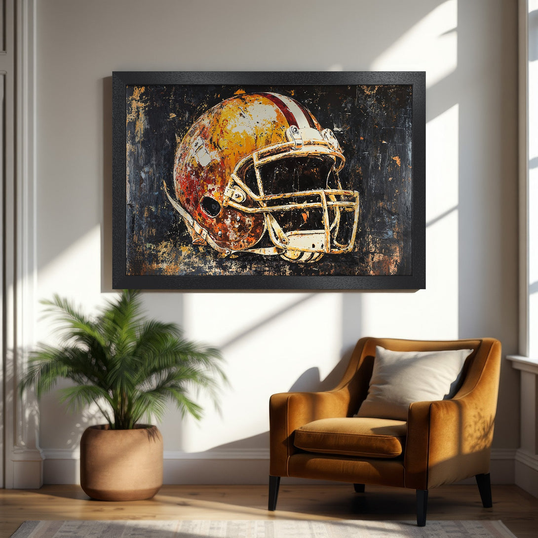 Framed Poster featuring a grunge-style football helmet in a warm, earthy color palette. Perfect wall art for any space!