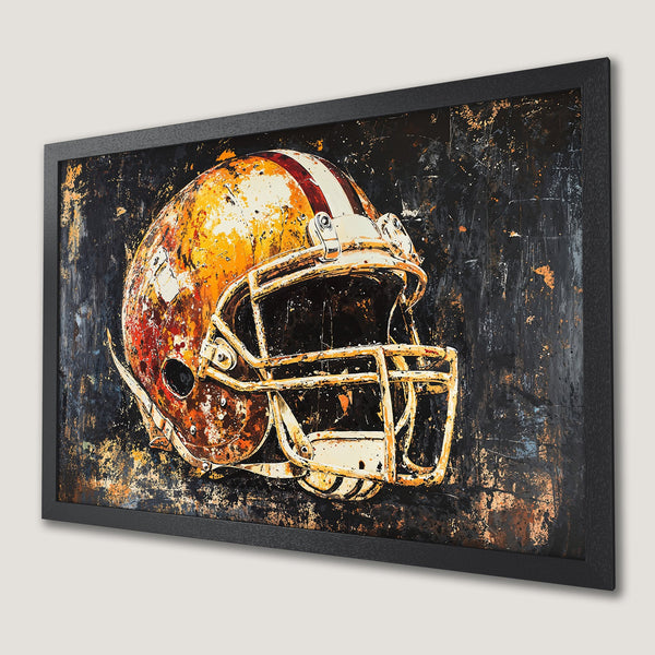 Framed Poster featuring a football helmet in an abstract style with a black, orange, and yellow color palette. Perfect wall art!