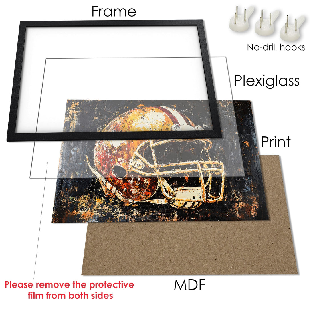 Framed Poster featuring a distressed football helmet art print. Rustic style with a warm, earthy color palette. Perfect wall decor!