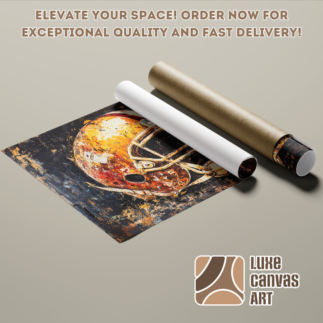 Abstract football helmet Poster Roll in warm tones. Elevate your space with Luxe Canvas Art!