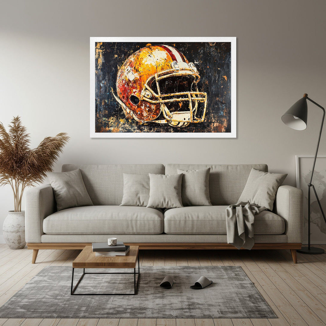 Framed Poster of a football helmet in an abstract style with a warm, earthy color palette. Perfect wall art for sports fans!