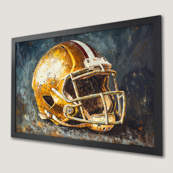 Framed Poster of a football helmet, abstract art style, gold & navy color palette. Perfect wall decor!