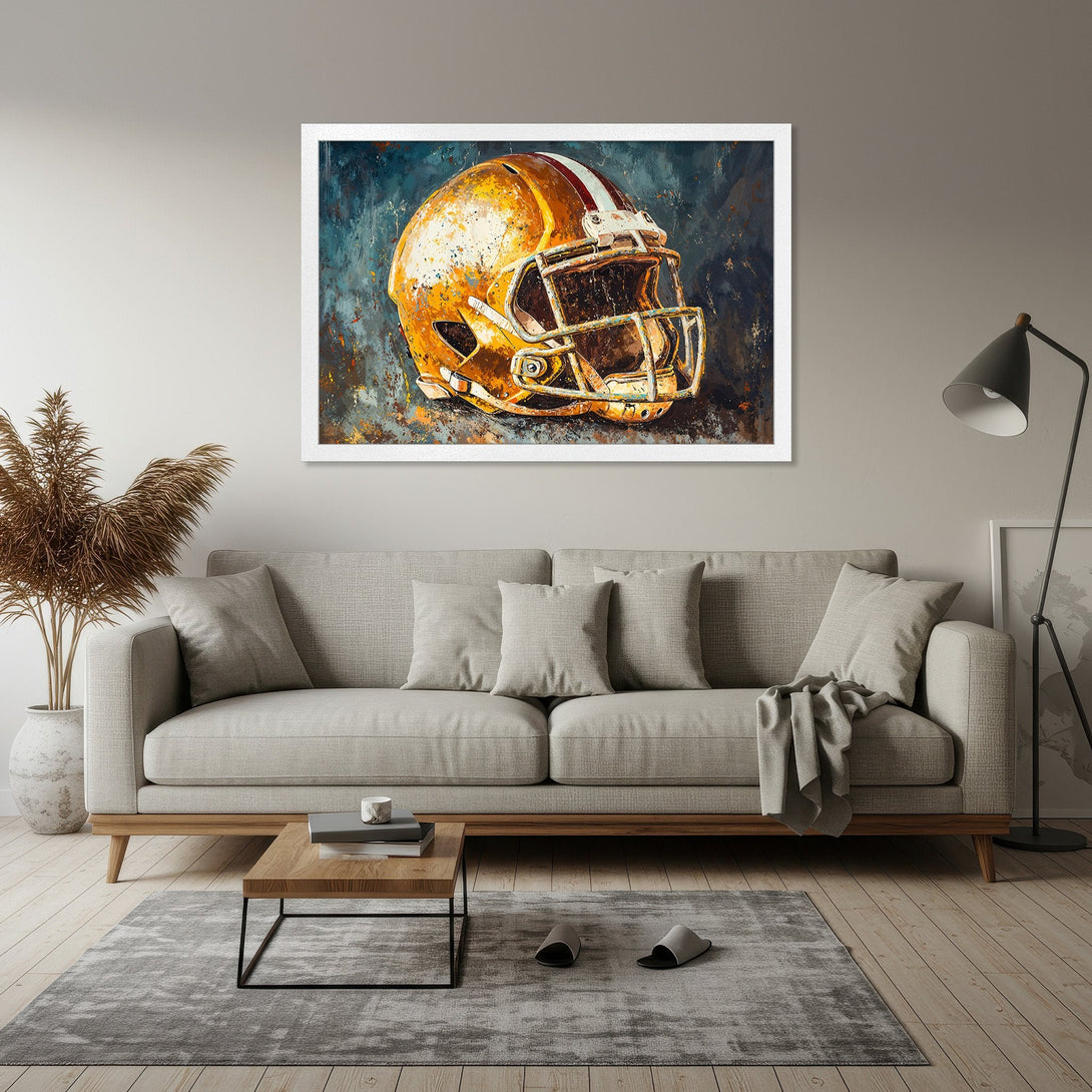 Framed Poster of a vintage football helmet, abstract style, with a warm gold and blue color palette. Elevate your space with this unique art!