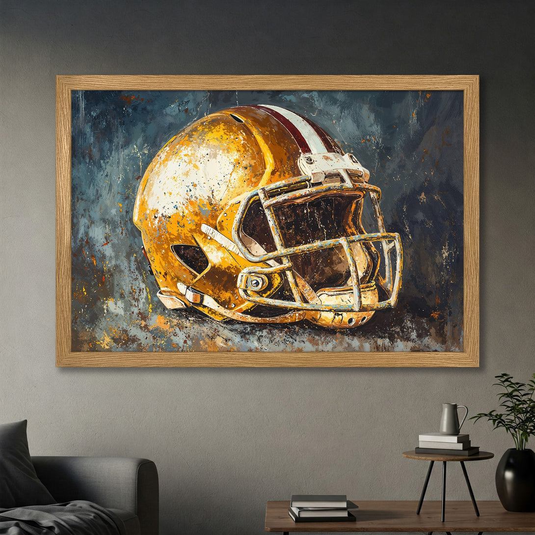 Framed Poster featuring a football helmet. Abstract art style with a gold, brown, and blue color palette. Perfect for sports fans!