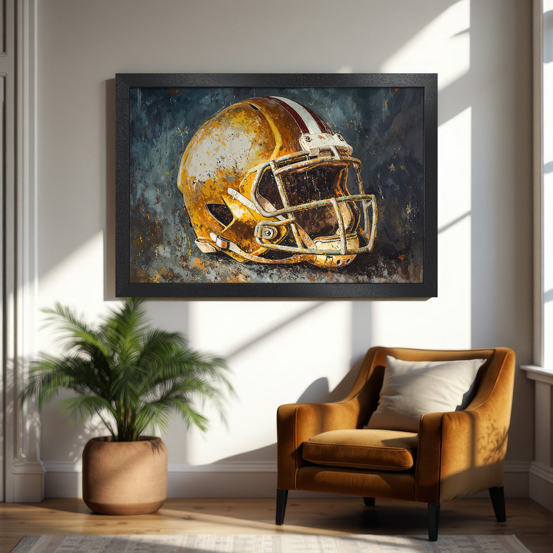 Framed Poster of a football helmet in a textured, abstract style with gold and blue tones. Perfect wall art for any space.