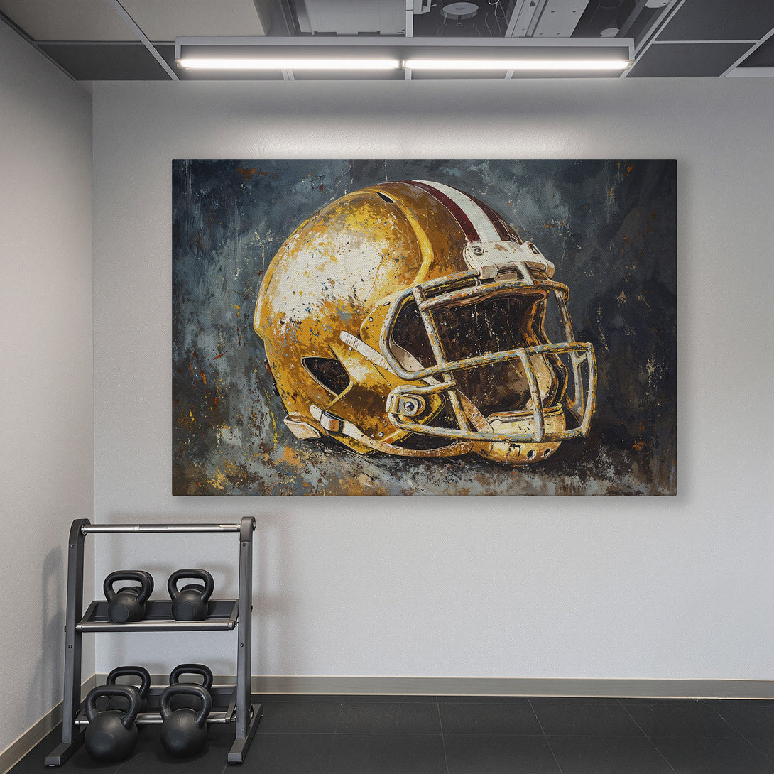 Framed Wall Art: Abstract football helmet art in gold and gray tones. Perfect for a gym or sports-themed room. Modern decor with a pop of color.