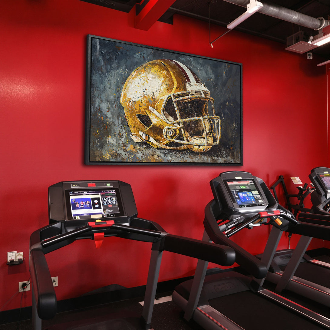 Framed Wall Art: Abstract football helmet art in gold & grey tones. Modern decor for your gym or home. Shop canvas prints & elevate your space!