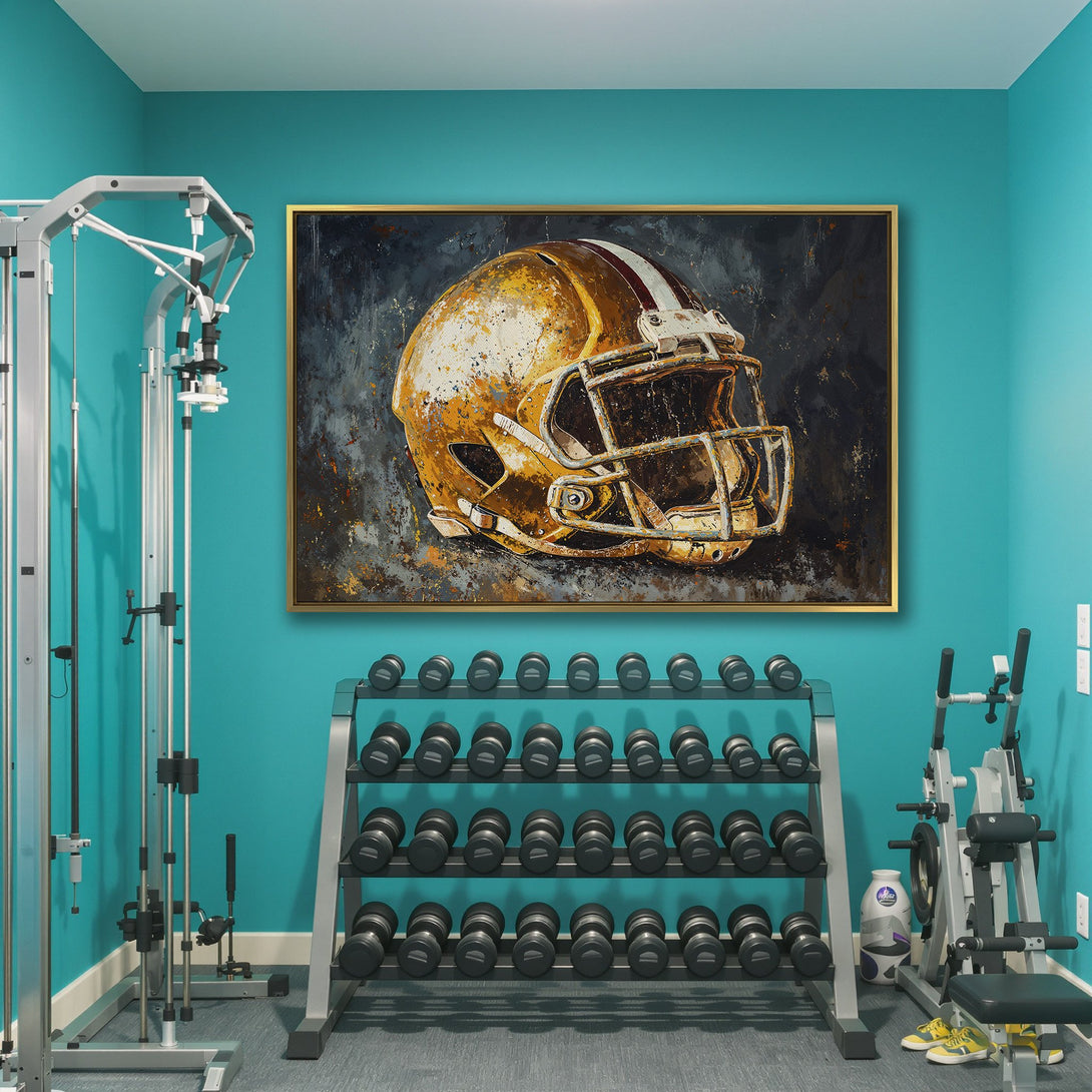 Canvas Print of a vintage football helmet in gold and blue tones. Perfect wall art for a gym or sports-themed space.