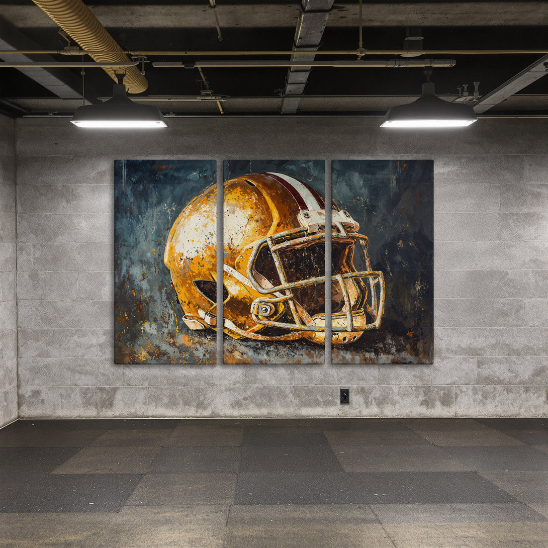 Canvas Print of a football helmet, abstract art style, featuring a gold and blue color palette. Perfect wall decor!