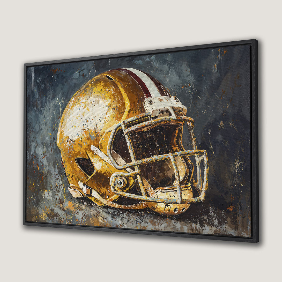 Framed Wall Art: Abstract painting of a football helmet in gold and white, set against a dark, textured background. Perfect sports decor.