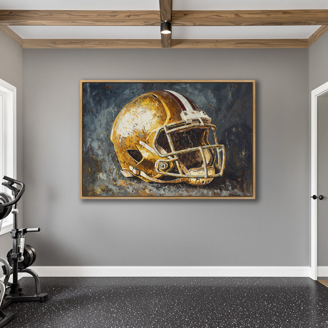 Framed Wall Art: Gold football helmet canvas print in a modern gym. Abstract style with a dark, moody color palette. Elevate your space!