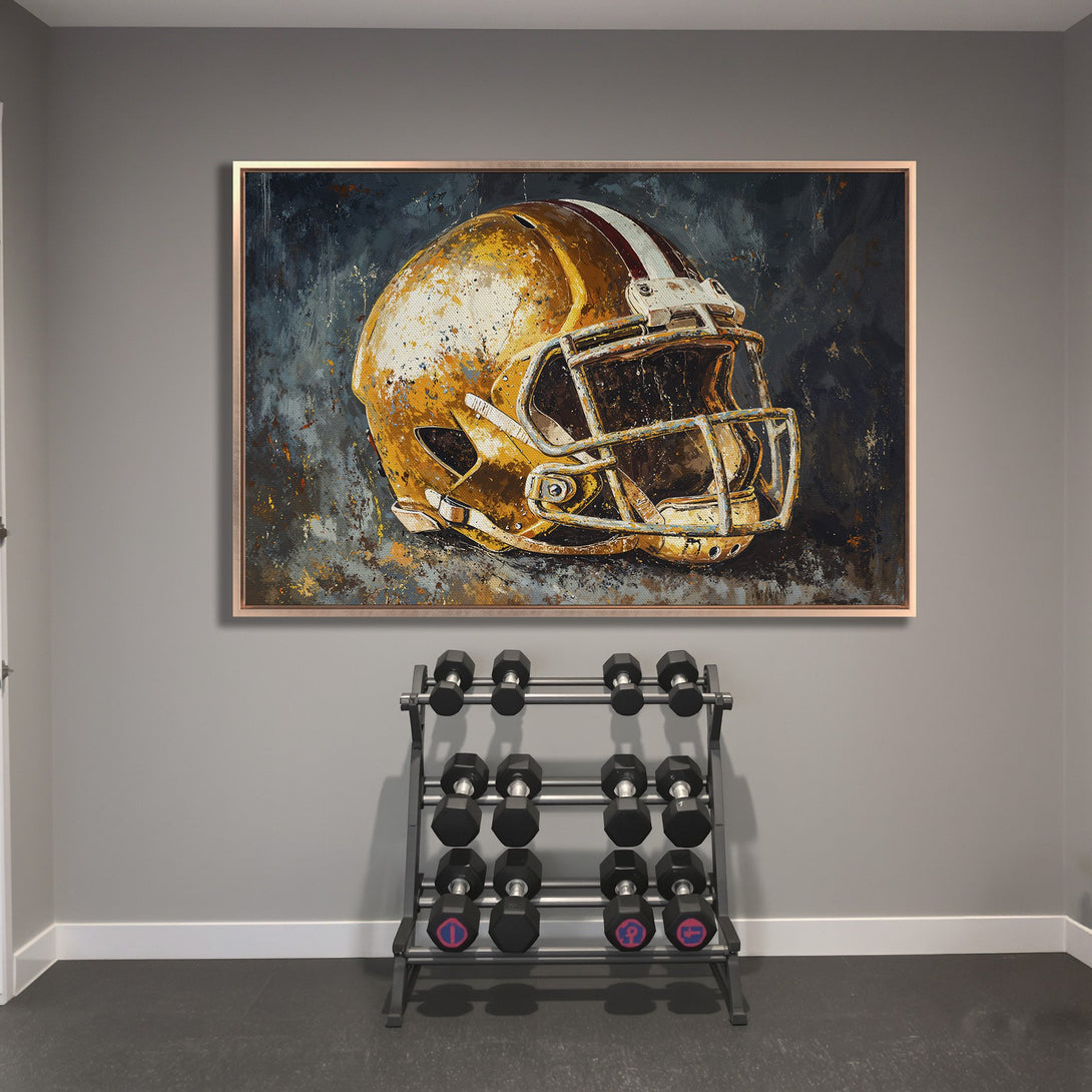 Framed Wall Art: Abstract football helmet painting in gold and blue tones. Modern art for home decor. Elevate your space with this striking canvas print.