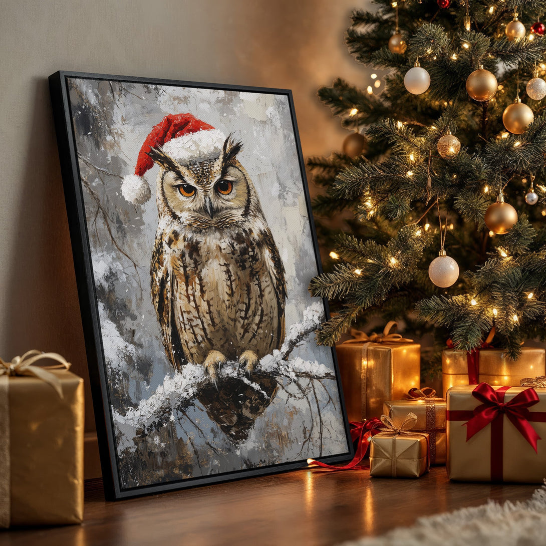 Framed Wall Art: Festive owl painting in a wintery style with a warm, neutral color palette. Perfect Christmas decor for a cozy home.