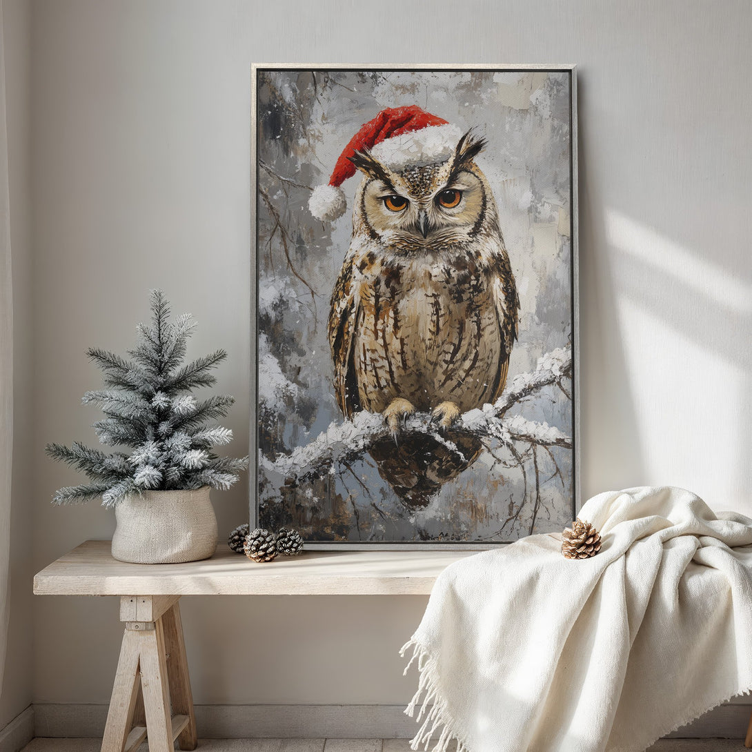 Framed Wall Art: Festive owl in a Santa hat. Winter-themed painting with neutral and warm tones. Perfect for Christmas decor.