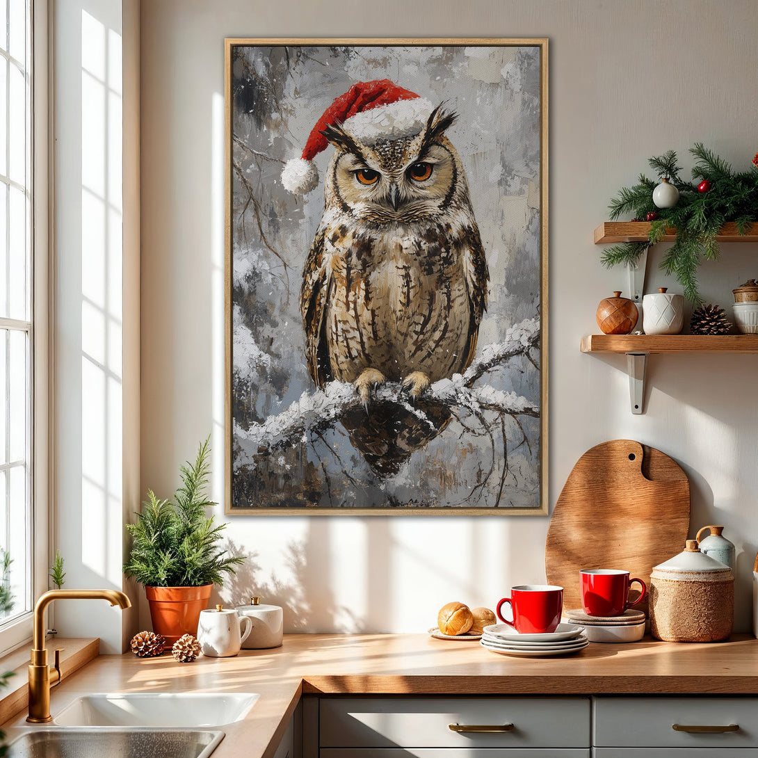Framed Wall Art: Festive owl wearing a Santa hat. Wintery painting with a neutral and warm color palette, perfect for holiday decor.
