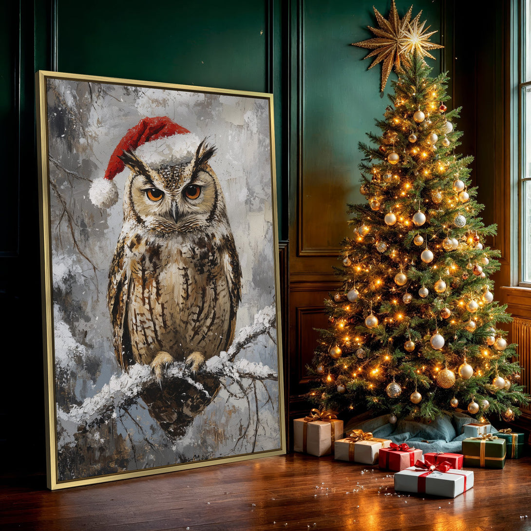 Canvas Print of an owl in a Santa hat, winter scene, neutral color palette. Perfect holiday wall art!