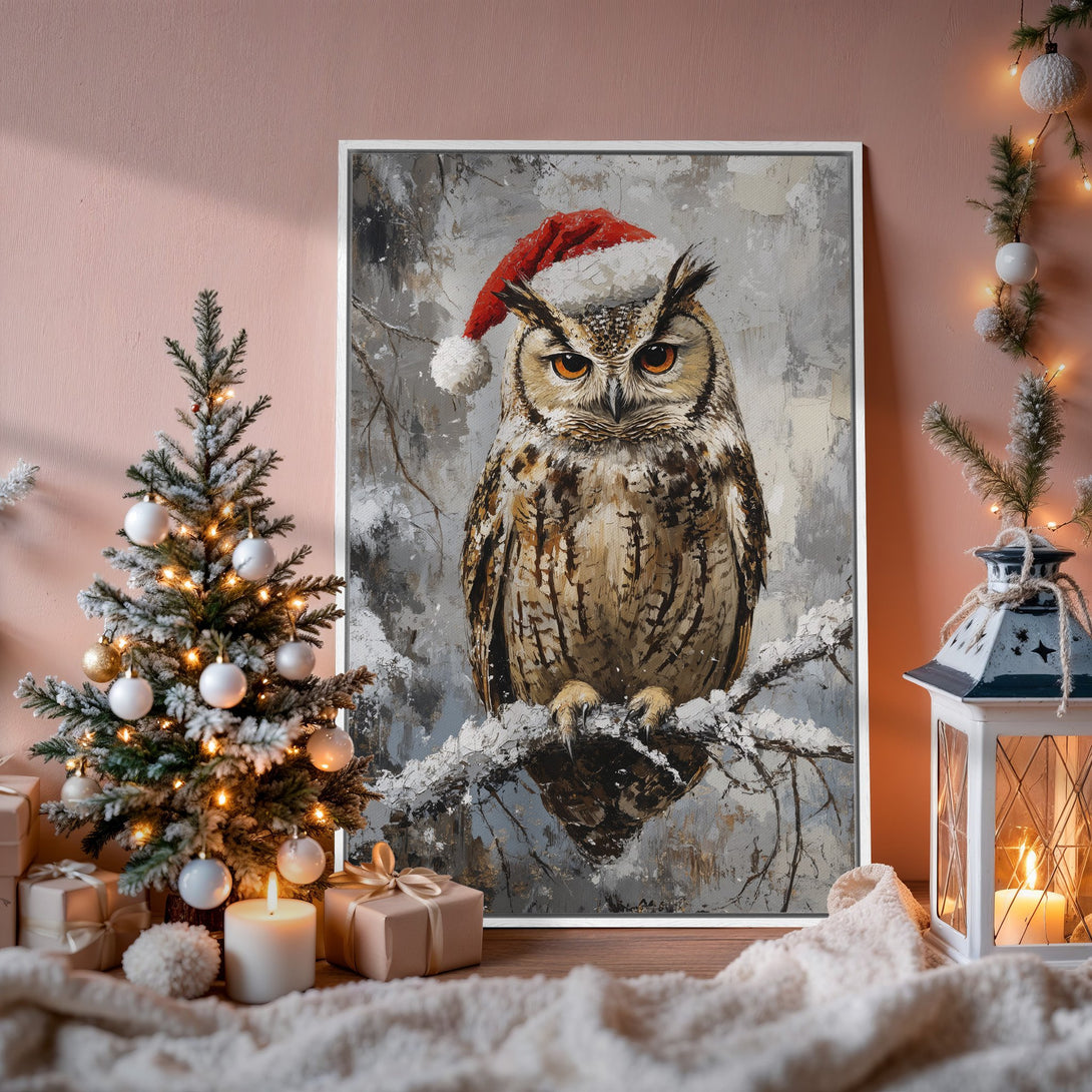 Framed Wall Art: Festive owl painting in a winter scene, warm neutral palette. Perfect holiday decor for your home!