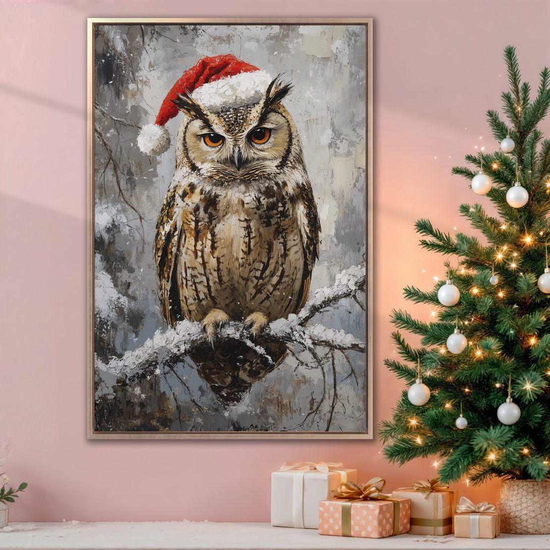 Framed Wall Art: Festive owl in a Santa hat, painted in a textured style with a neutral and warm color palette. Perfect holiday decor!
