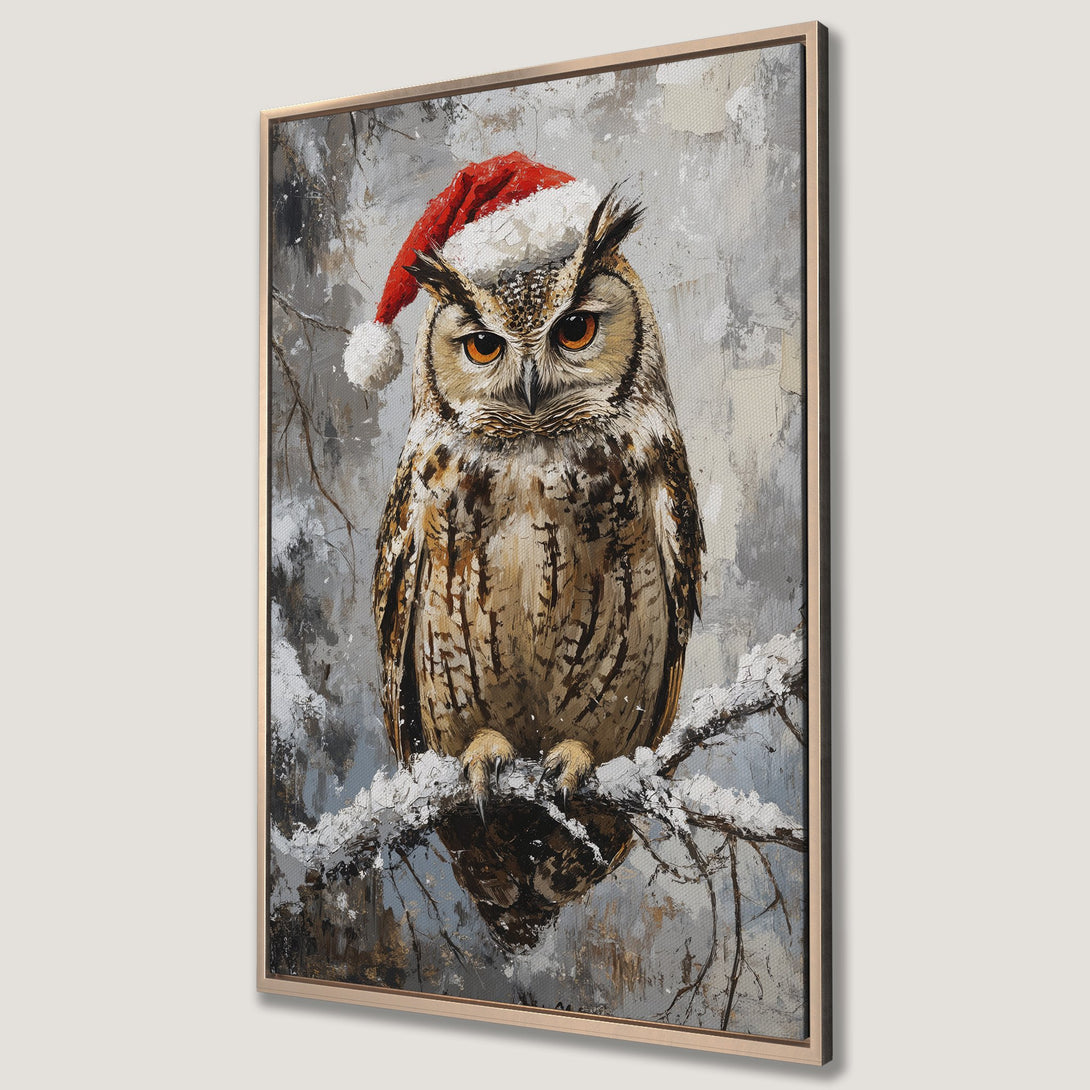 Framed Wall Art featuring a festive owl in a Santa hat. Impressionistic style with a neutral, wintery color palette. Perfect holiday decor!