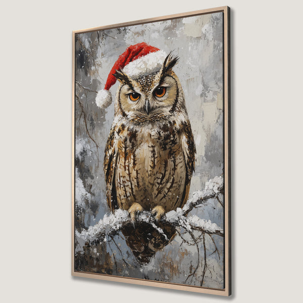 Framed Wall Art featuring a festive owl in a Santa hat. Impressionistic style with a neutral, wintery color palette. Perfect holiday decor!