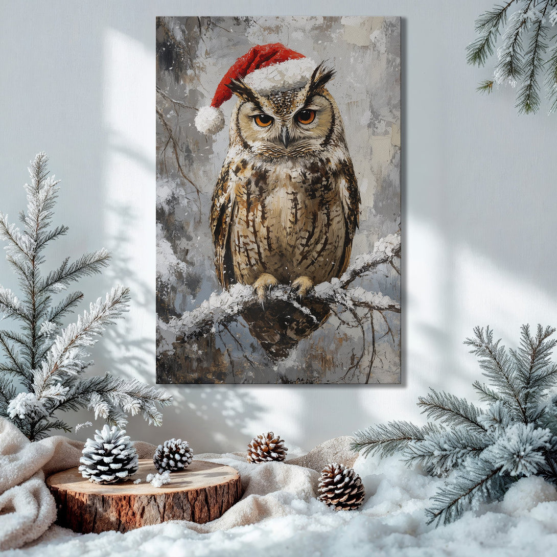 Framed Wall Art: Owl in Santa hat painting with a neutral palette. Perfect holiday decor for a cozy home. Shop now!