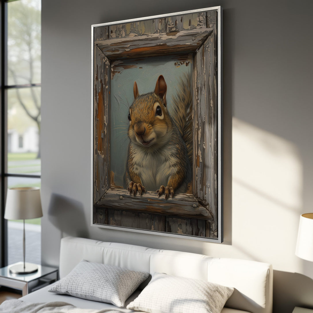 Framed Wall Art: Charming squirrel painting with rustic frame. Neutral color palette adds warmth to any space. Bring nature indoors with this unique decor!