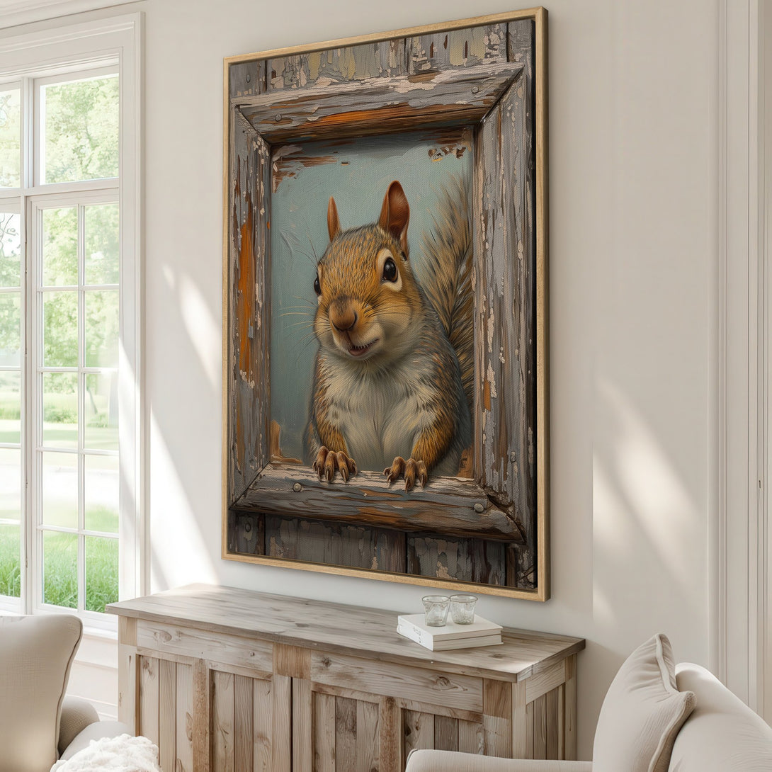 Framed Wall Art featuring a charming squirrel in a rustic, distressed frame. Warm, earthy tones create a cozy, inviting feel. Perfect for adding character to your home!