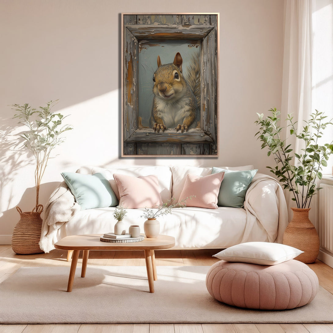 Framed Wall Art featuring a charming squirrel in a distressed frame. Soft, neutral color palette complements any decor. Add a touch of whimsy to your home!