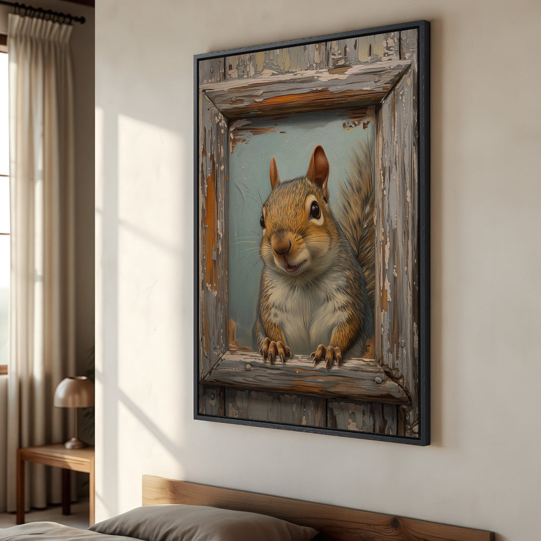 Framed Wall Art featuring a charming squirrel portrait. Rustic style with a warm, neutral color palette, perfect for adding character to any space.