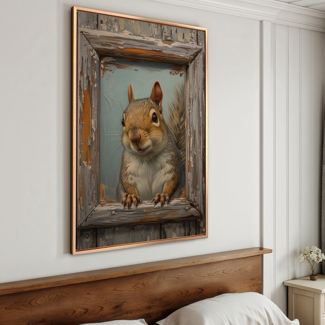 Framed Wall Art featuring a charming squirrel in a rustic, distressed frame. Earthy tones and a touch of whimsy for cozy home decor.