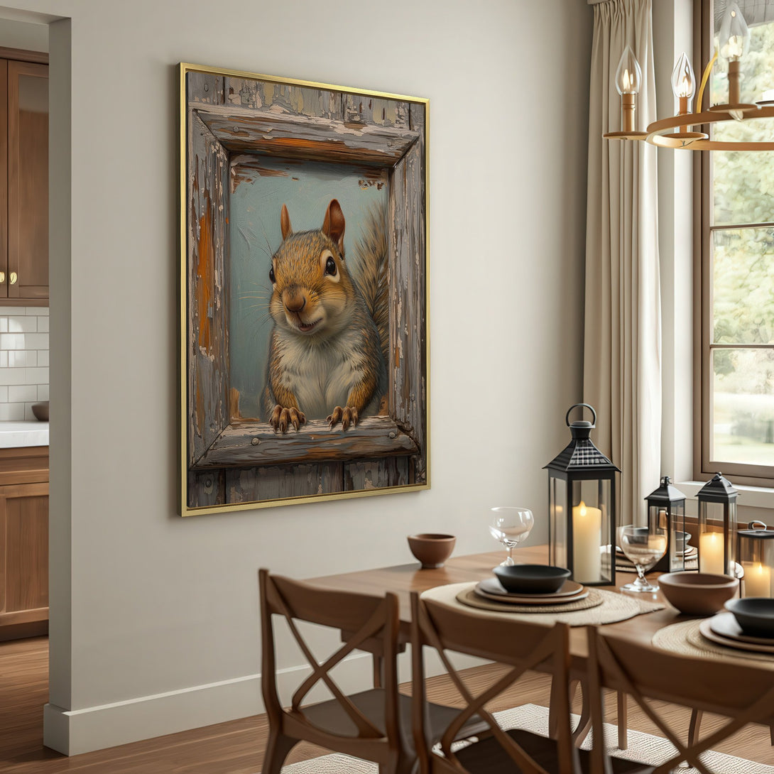Framed Wall Art featuring a charming squirrel in a rustic style. Warm, earthy tones create a cozy, inviting atmosphere. Perfect for home decor!