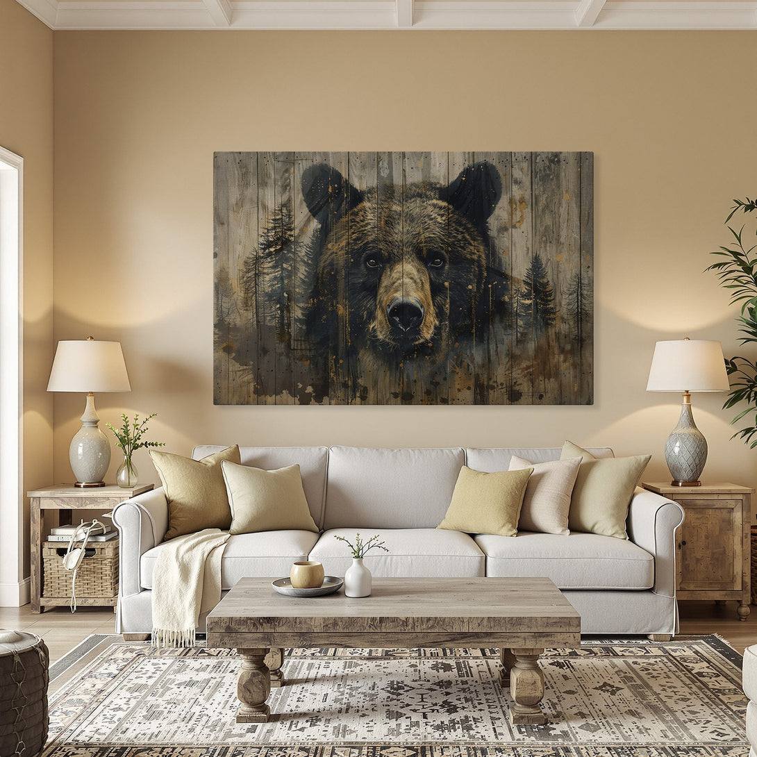 Framed Wall Art featuring a majestic bear in a rustic style with a brown and gold color palette. Perfect for adding a touch of nature to your home!