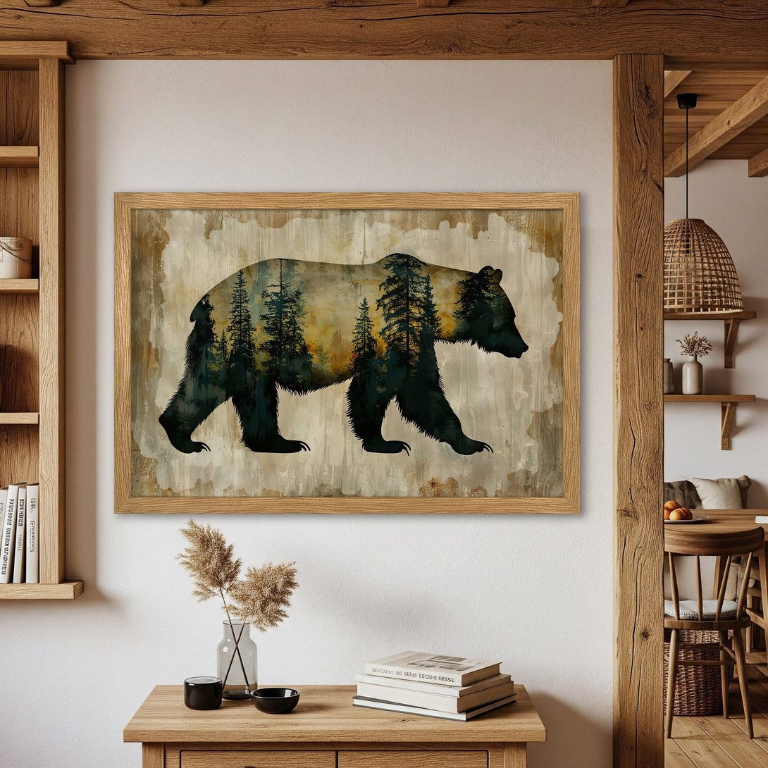Framed Poster featuring a bear silhouette with a forest scene, rustic style, and earthy tones. Perfect wall art for your home!