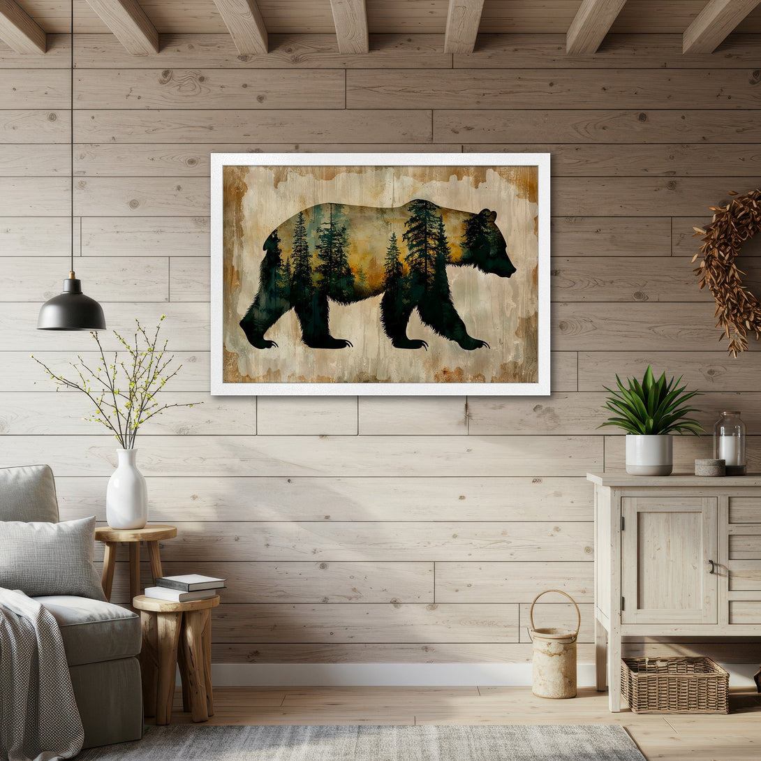 Framed Poster featuring a bear silhouette with a forest scene, rustic style, earthy tones. Perfect wall art!