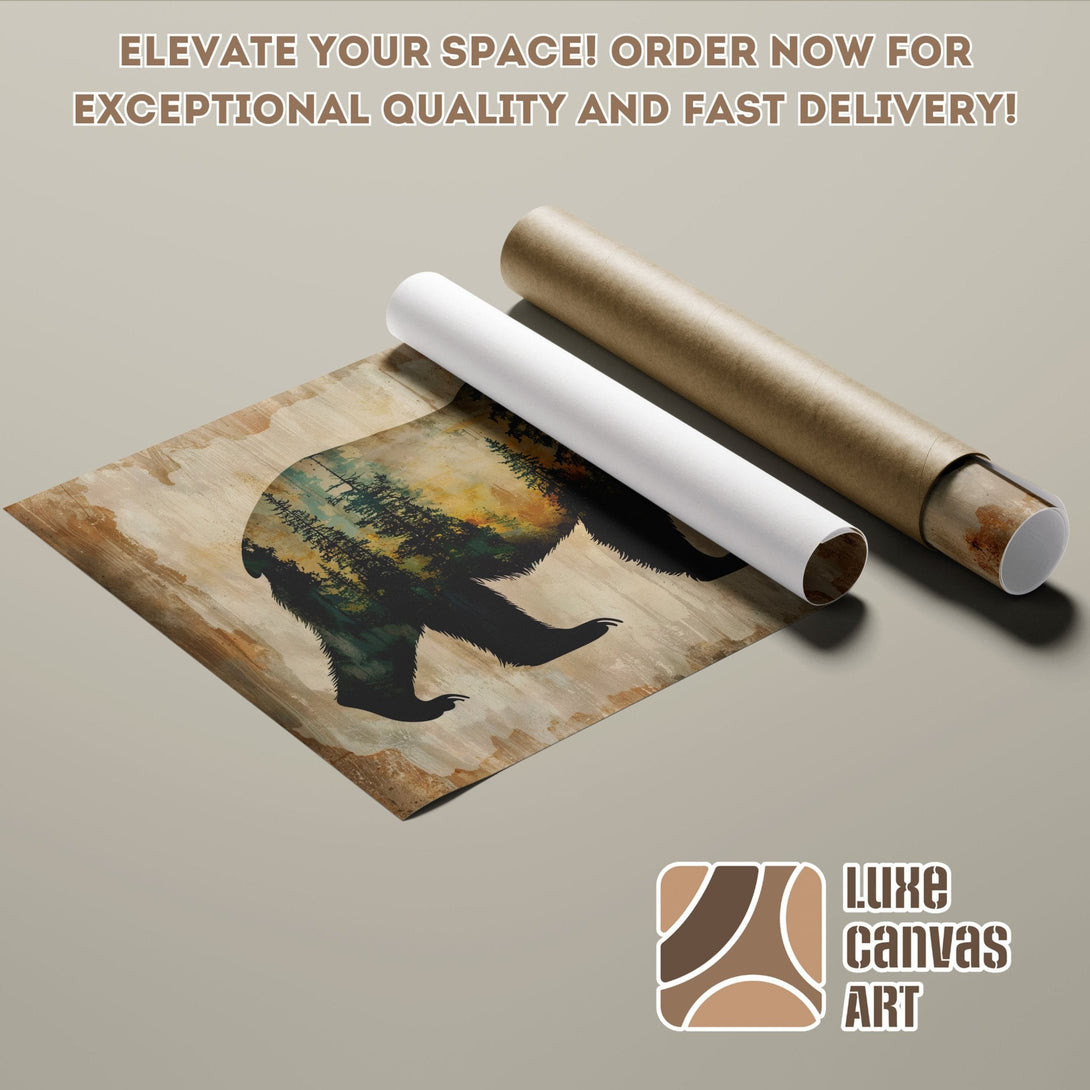 Poster Roll featuring a bear silhouette with a forest scene, earthy tones. Elevate your space!