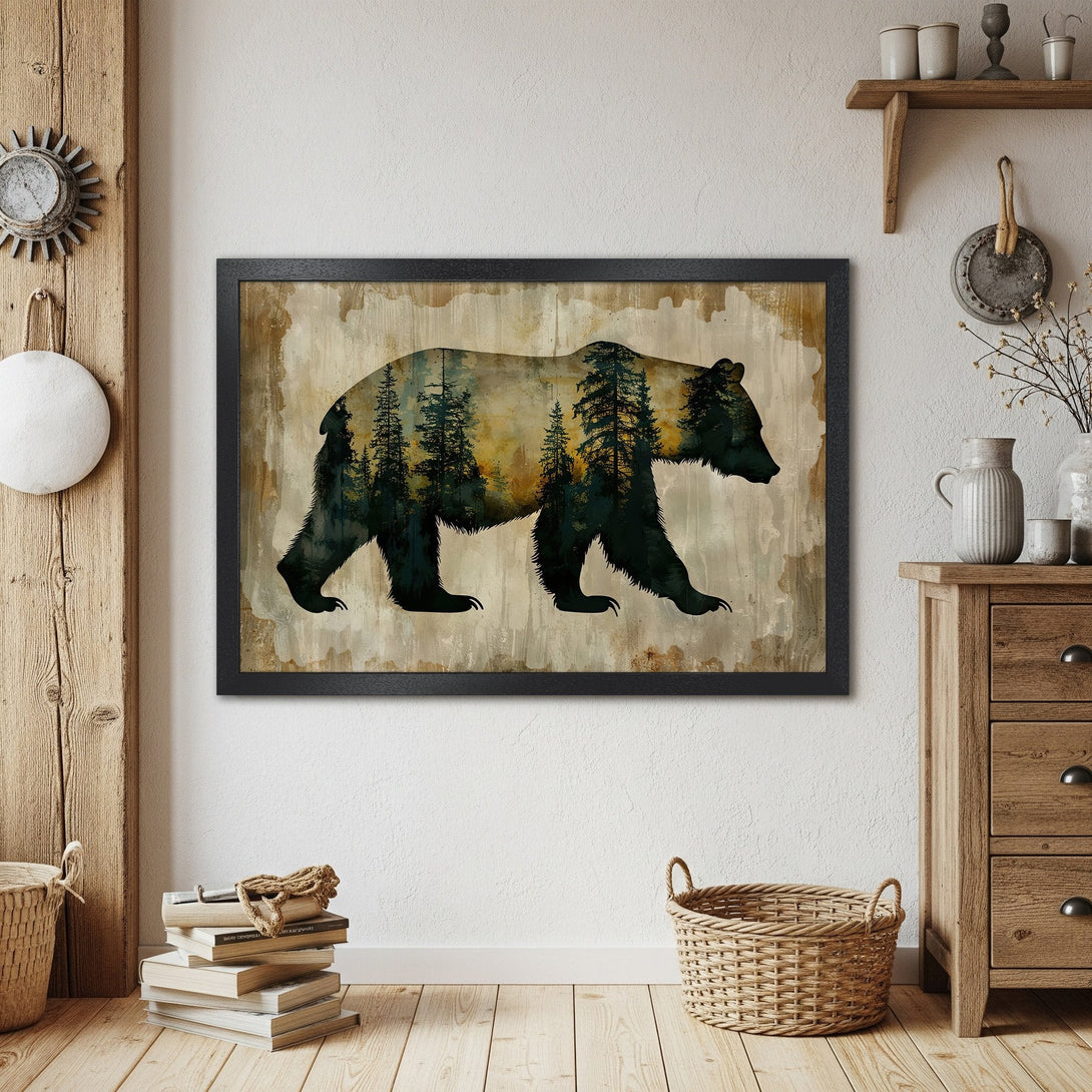 Framed Poster featuring a bear silhouette with forest detail. Rustic style, earthy tones of green, brown, and beige. Perfect wall art.