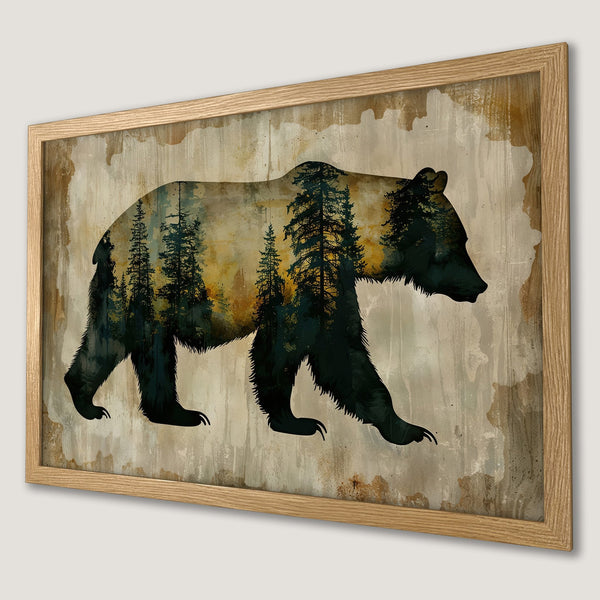 Framed Poster featuring a bear silhouette with forest scene, rustic style, and earthy tones. Perfect wall art!
