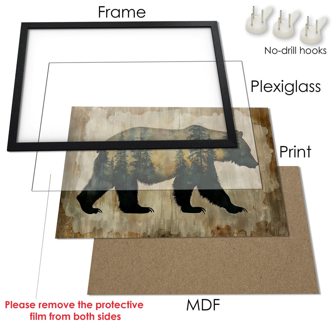 Framed Poster featuring a bear silhouette in a forest scene. Rustic style with earthy tones, perfect for nature lovers.